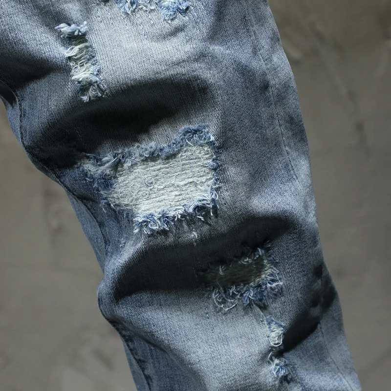 Джинсы мужские рваные узкие Брендовые брюки из денима стрейч светло-голубого