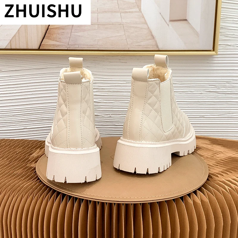 

Winter Warm Ankle Chelsea Boots Square Chunky Heel Plush Gingham Stretch Fabric Black Women Leather Slip-on Fur Shoes Boots