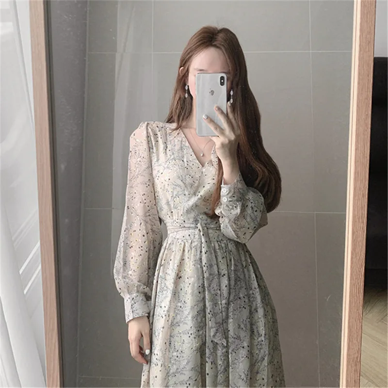

Limiguyue Autumn Print Long Sleeve Chiffon Dress Lace Up V Neck Dress Women Elegant Maxi Party Dresses High Waist Vestidos K2472