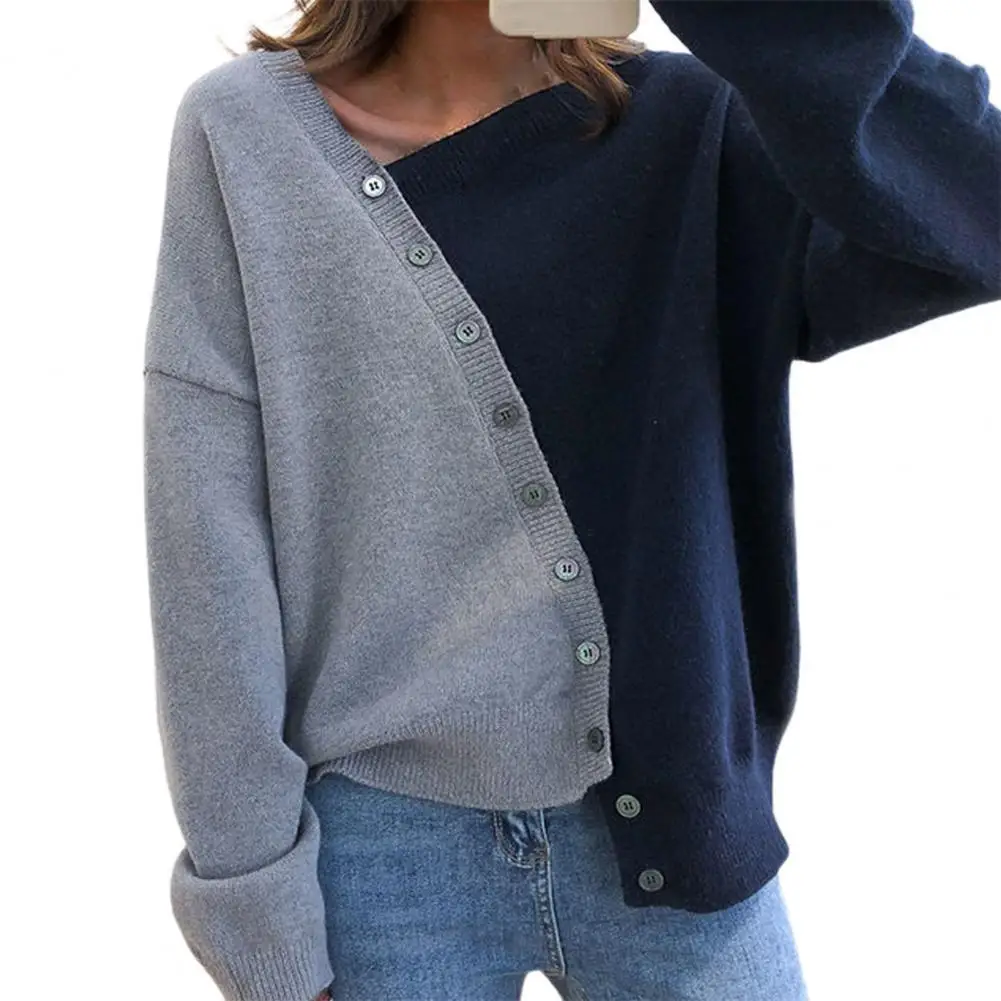 

Winter Sweater Oblique Neck Contrast Colors Irregular Oblique Buttons Knitted Lady Sweater for Daily Wear