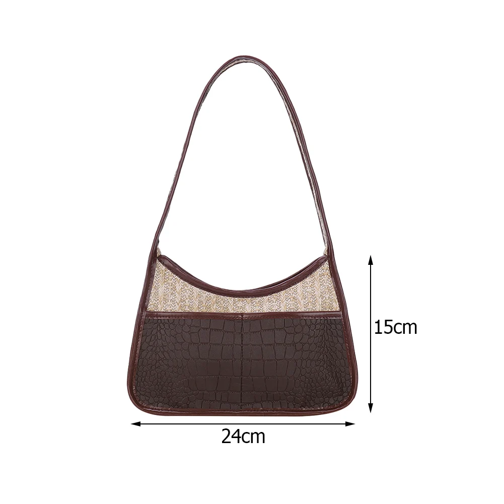

Vintage Women Straw Woven Patchwork Underarm Bag Casual All-matchLadies Stitching Handbags PU Leather Shoulder Bags