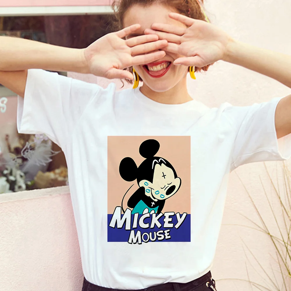 

2021 Summer Cartoon Mickey Mouse Head Print T Shirt Women Disney Camisetas De Mujer O-Neck Kawaii Tee Tops For Female Clothes