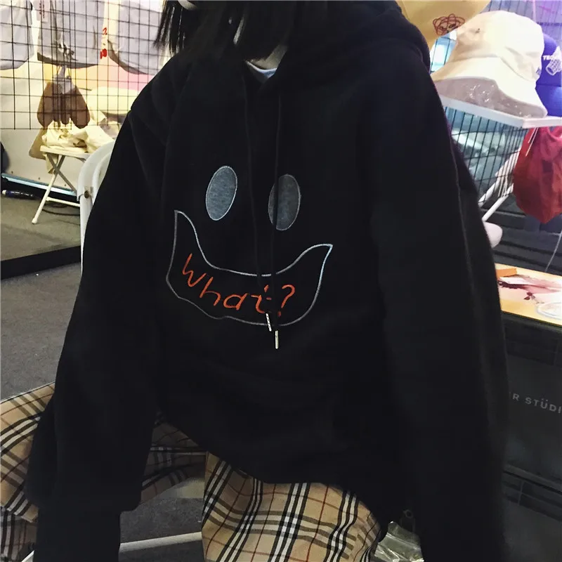 Harajuku толстовка женская вышитая смайлик бархатная Толстовка пуловер с капюшоном