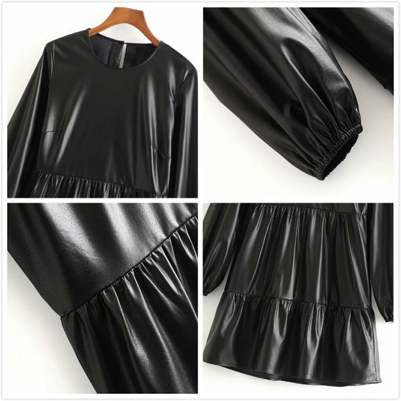 Женское платье мини из искусственной кожи демисезонное привлекательное черное