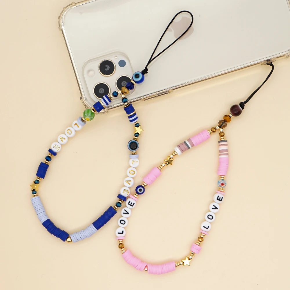 

DIY Boho Mobile Strap Phone Chain Polymer Clay Beaded 2021 LOVE Star Evil Eye Charm Heishi Telephone Jewelry Anti-Lost Lanyard