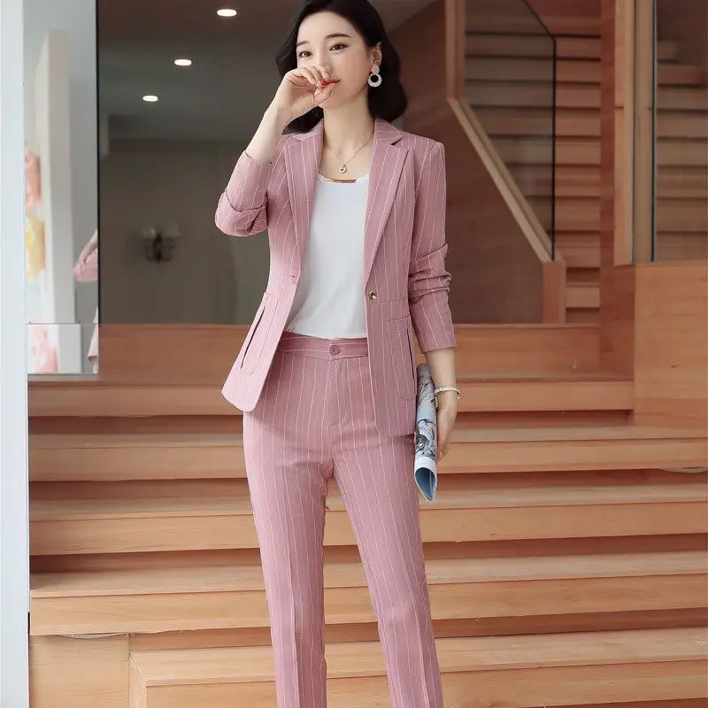 

New Work Fashion Pant Suits 2 Piece Set for Women Striped Blazer Jacket & Trouser Office Business Suit Lady Suit Feminino