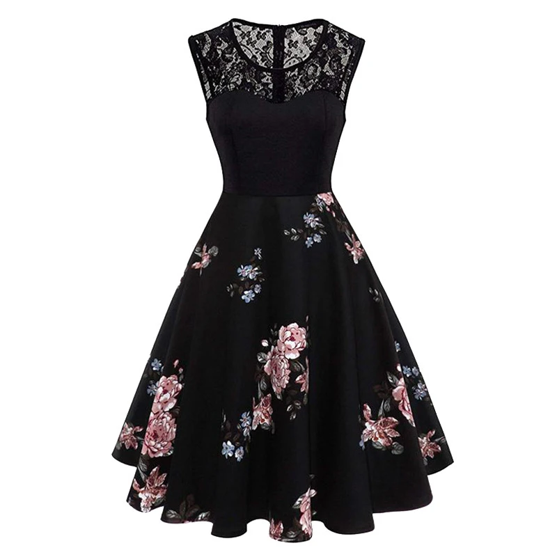 

Mesh Pathcwork Vintage Dress 50S 60S Rockabilly Robe Floral Print Women Elegant Retro Sundress Summer Party Tunic Saia