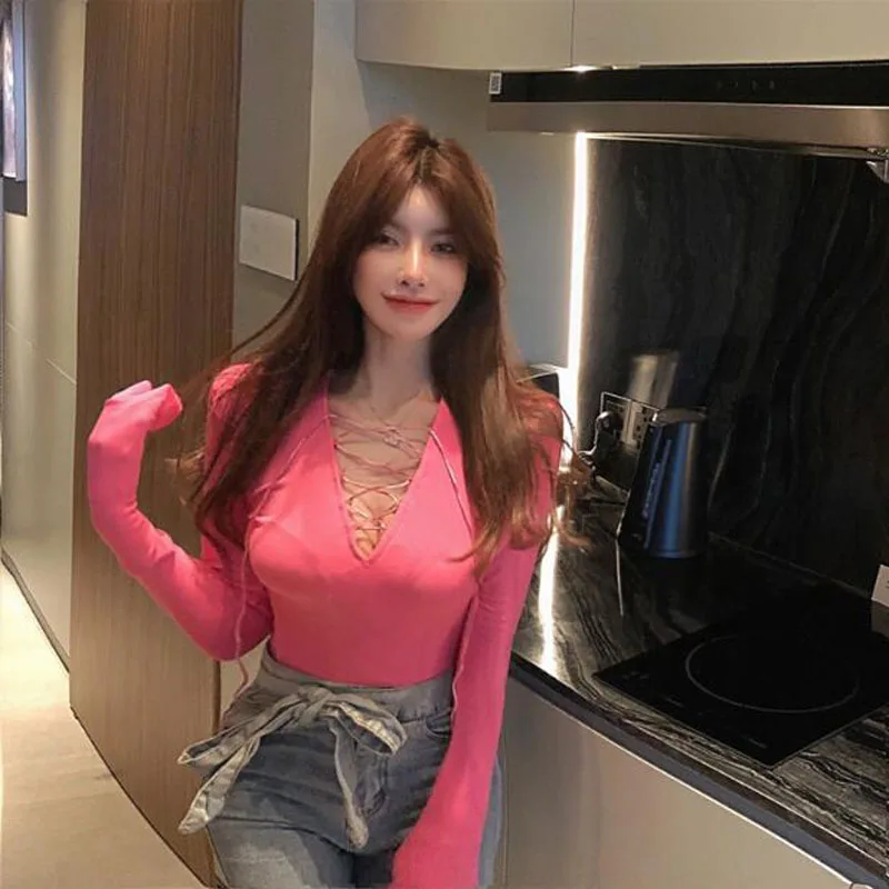 

Spring Autumn New Women Tops Solid Color V Neck Long Sleeve Bow Tie Women T-shirt Casual Slim Fit T shirt Femme