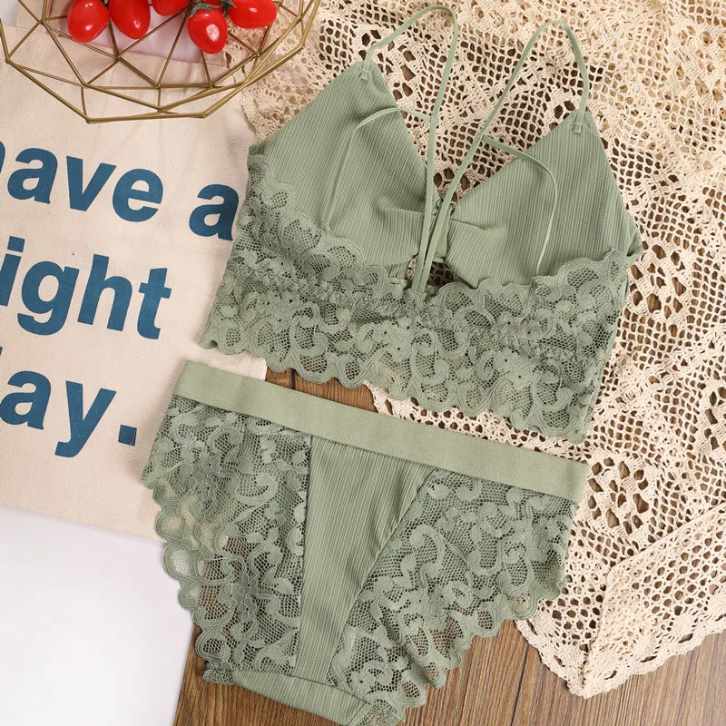 

CHRLEISURE Lace Bra Set/2PCS Ladies Women Sexy Backless Underwear Set V-neck Brassiere Wireless Bralette Panties Suit