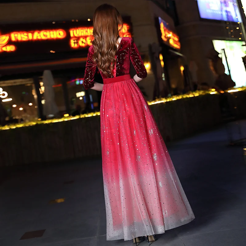 Evening dress fashion round neck bride long section sleeve velvet upper body gradient color 2019 new | Свадьбы и торжества
