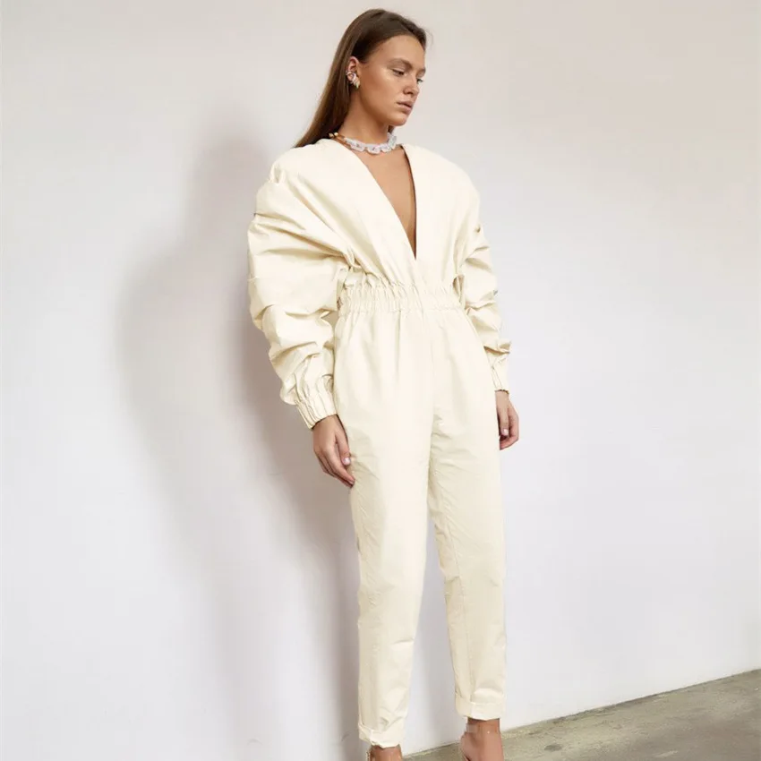 

Jumpsuit women V-neck pleated bubble-sleeve temperament Streetwear Sexy solid color Bodycon Overalls 2021