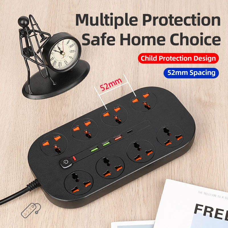 Univeral Multi Usb Charger QC3.0 PD 20W 3000W Outlets Power Strip With 8 AC Sockets 2M Long Extension Cord | Мобильные телефоны и