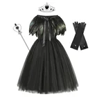 Детский костюм на Хэллоуин, нарядное платье-пачка для девочек, платье черного дьявола на Хэллоуин, платье с перьевой шалью