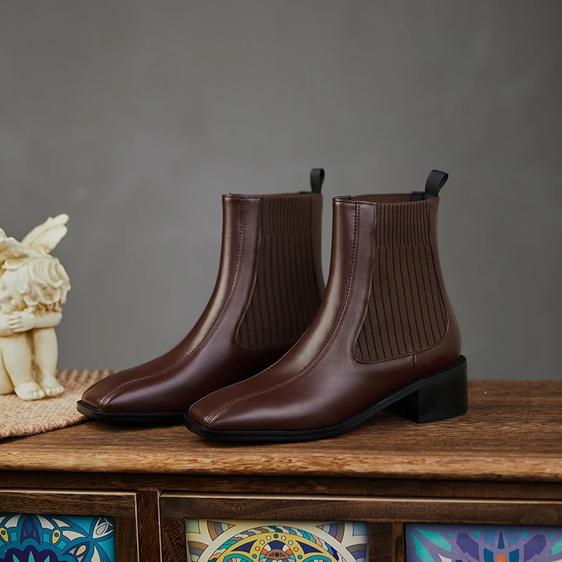 

Women Genuine Leather Knitting Ankle Boots Winter New med Heels Party Night Club Shoes Woman Chelsea Boots