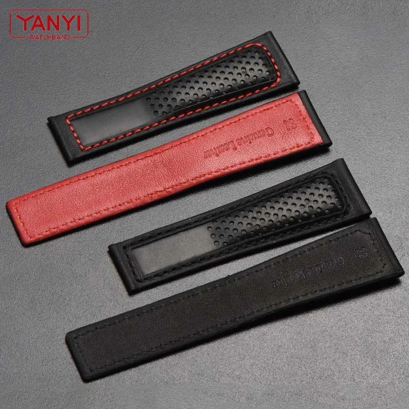 Genuine Leather Strap 22m for ta-g he-uer F1 watchband Red stitches wristwatches band fold buckle leather watch bracelet