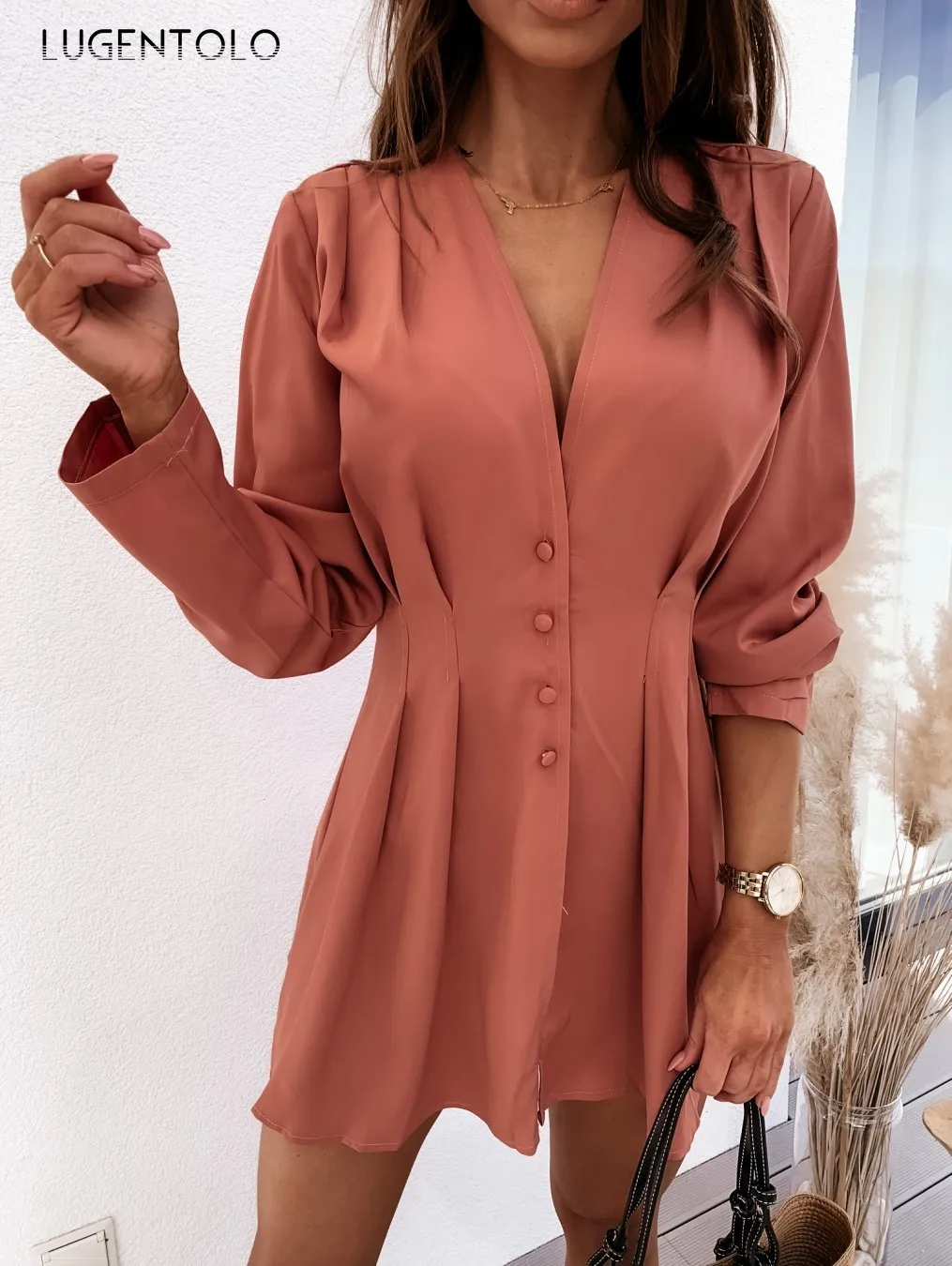 

Lugentolo Autumn Women Elegant Dress V-neck Button Spring Long-Sleeved Slim Fit Waist Solid Color Lady's Mini Princess Dress
