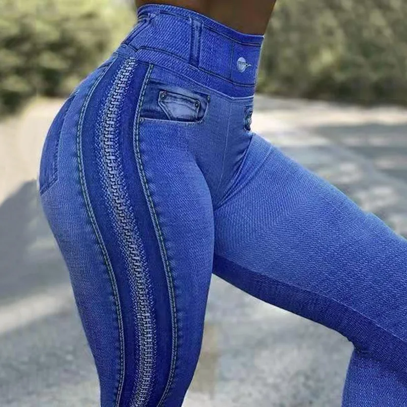 

Plus Size 3XL High Waist Faux Denim Jean Leggings Slim Elastic Seamless Skinny Pencil Pant Female Workout Running Leggings