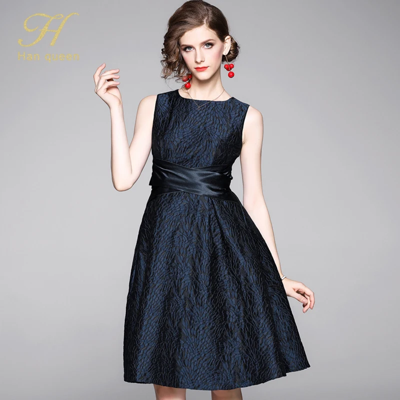 Navy blue H Han queen, новинка, женское платье, OL, рабочая одежда, Круглый ворот, без рукавов, на бретелях, Vestido, элегантное, повседневное, тонкое, винтажное, вечернее платье - Цвет: Navy blue