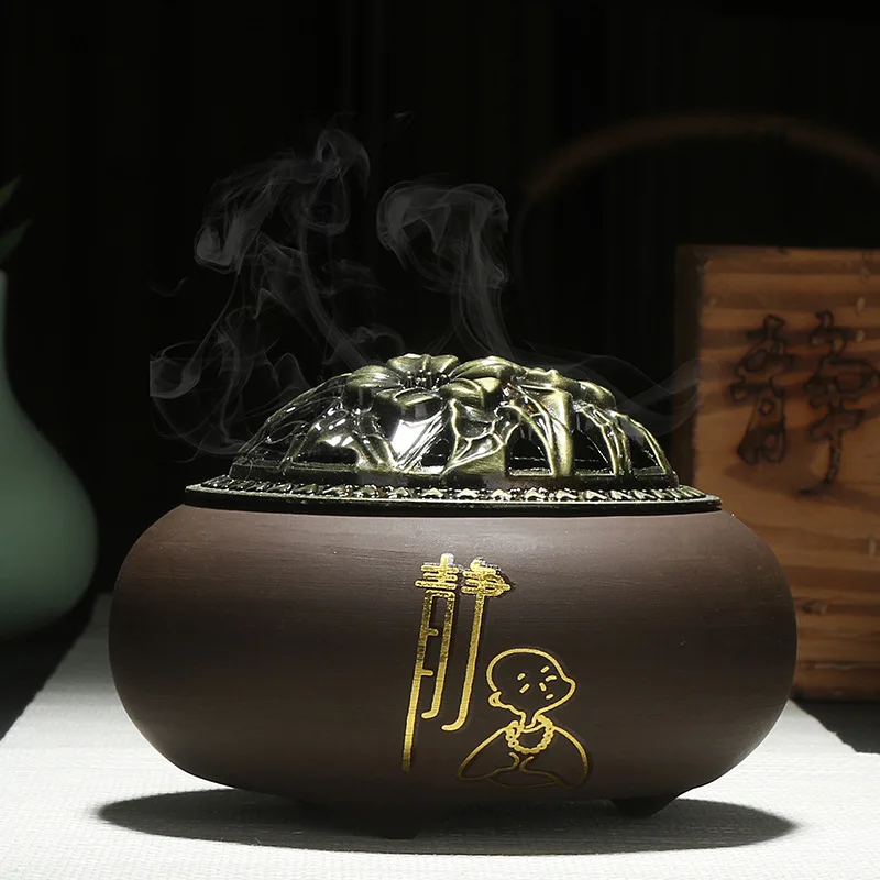 Керамическая курильница для благовоний, фиолетовый песок, античный медный чехол, штатив для благовоний, курильница для благовоний, чайная церемония Ароматерапия
