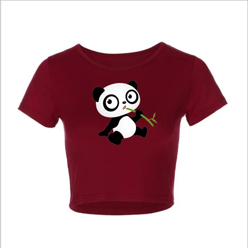 

2021 Women short-sleeve T-shirt top Summer Cotton Panda eating bamboo printing O-neck Crop Tops Applique Tees Clothing