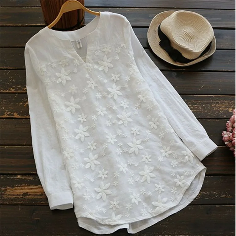 

Blouse Shirts 2020 Embroidered Women Cotton Shirt Oversize Cotton Shirts Ladies Long Sleeve Casual Blouse Ladies Top Summer Lady