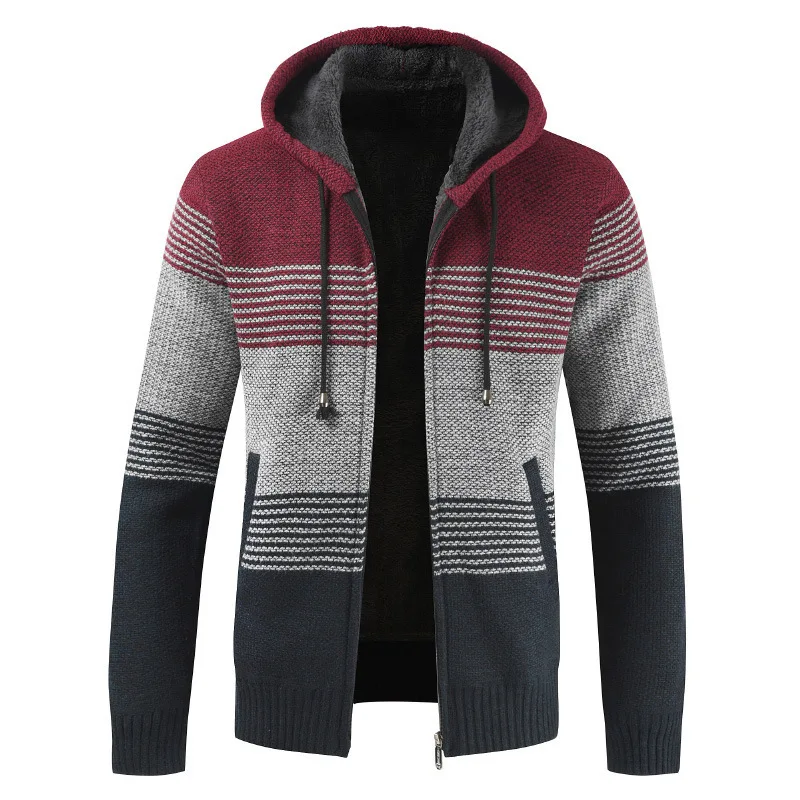 

Men's Sweater Coat 2021 Spring Autumn Mens Hooded Stripe Coat Thick Zipper Wool Sweater Cardigan Jumpers Male
