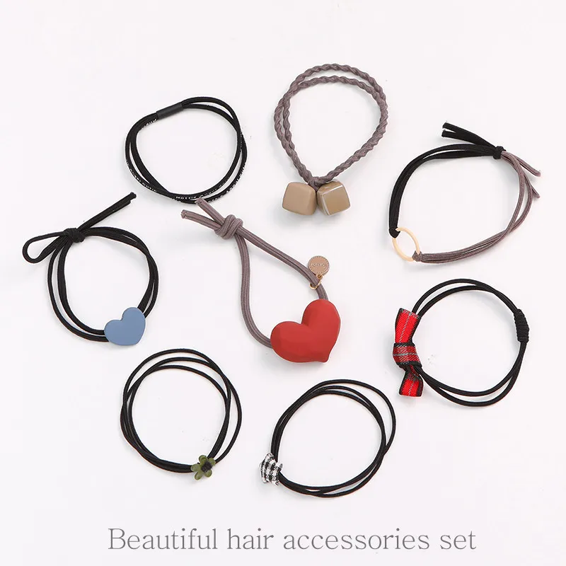 1 8 шт./компл. корейские милые махровые носки; резинка для волос, обтянутая тканью; резинкой хвост держатель с геометрическим принтом и принтом в виде сердечек, резинки для волос Веревка резинки с завязками для Для женщин и девочек - Цвет: 1