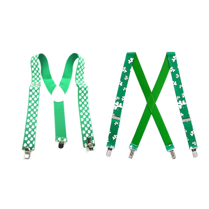 

Adult sling Irish Festival Saint Patrick's Day Y Back Suspender with Clips Shamrock Clover green Strap braces