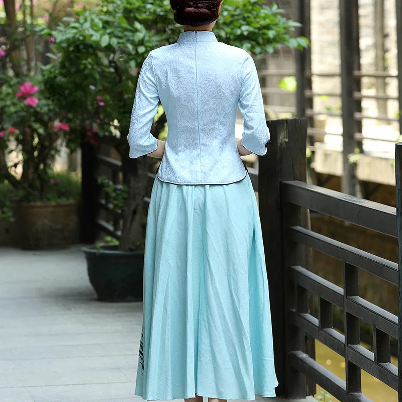 

Summer Girls Retro Floral Print Vintage Long Blue Skirts for Women A Line Chinese Style Simple Thin Ladies Cute School Skirts