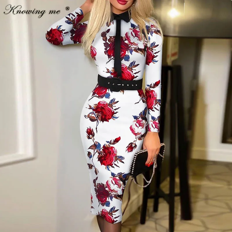 

Women Elegant Tie Detail bodycon dress Office Lady Spring Floral Pirnt Belt Midi dress Feminine Tied drss Vestidos De Mujer 3XL