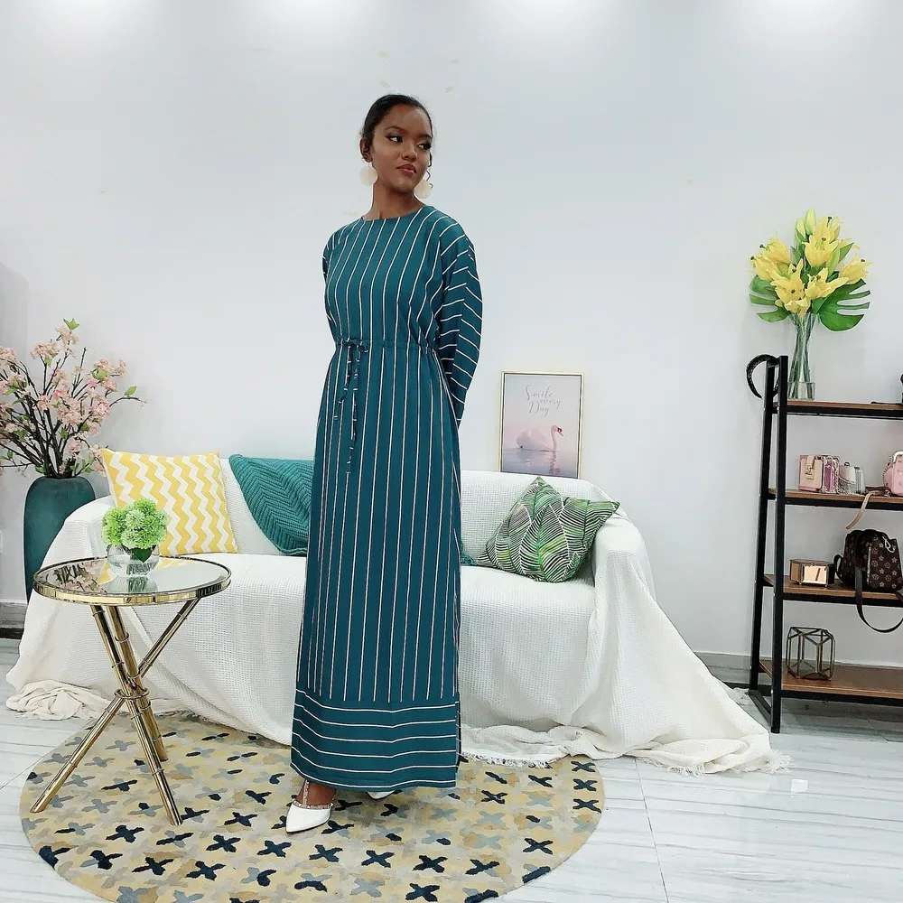 

Stripe Abaya Dubai Turkey Hijab Muslim Dress Fashion Flared Sleeves Kaftan Islam Clothing Dresses for Women Vestidos Musulman