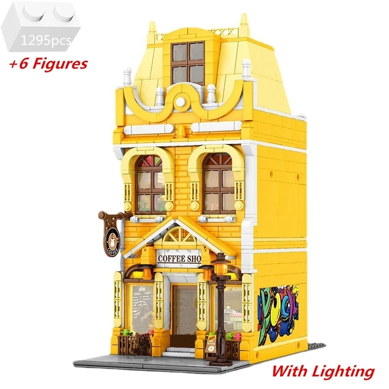 

1295 шт. светодиодный светильник Кофейня архитектурные строительные блоки уличный вид кирпичи с 6 фигурами город детские игрушки для детей
