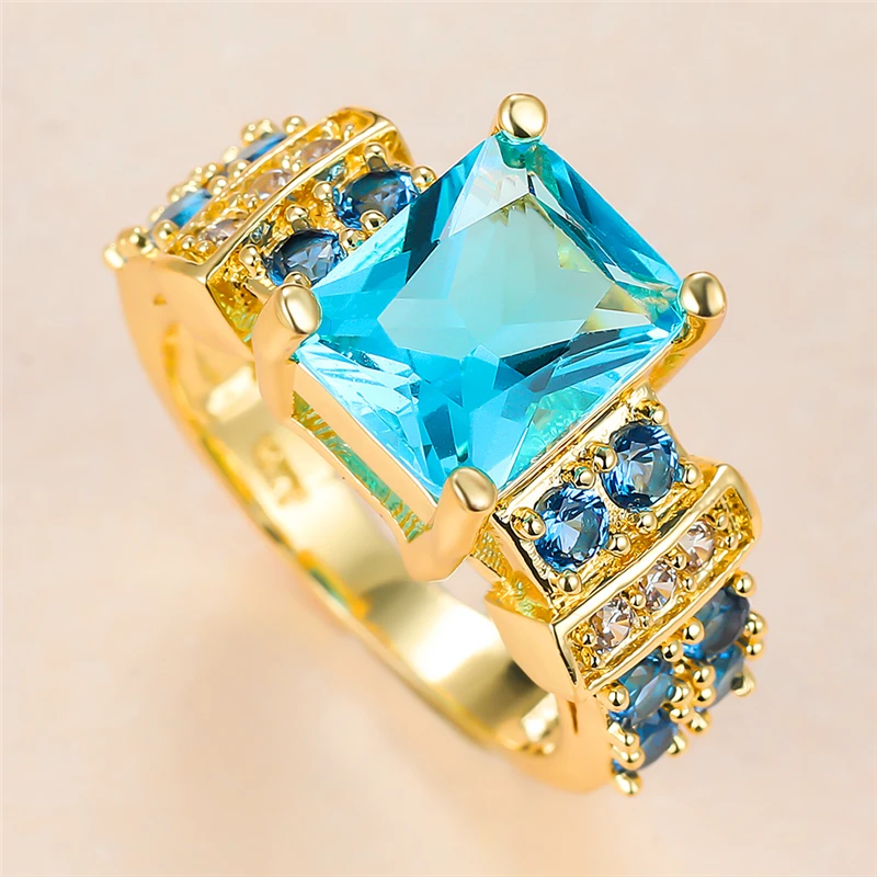 

Trendy Female Blue Crystal Stone Ring Charm Yellow Gold Color Wedding Rings For Women Luxury Square Zircon Engagement Ring