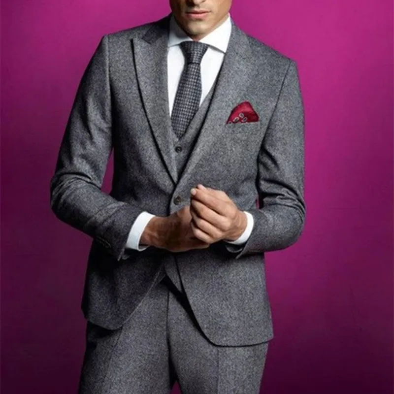 

Новинка 2022, дизайнерский серый твидовый мужской костюм, классический приталенный Мужской Блейзер, мужской смокинг под заказ, костюмы из 3 пр...