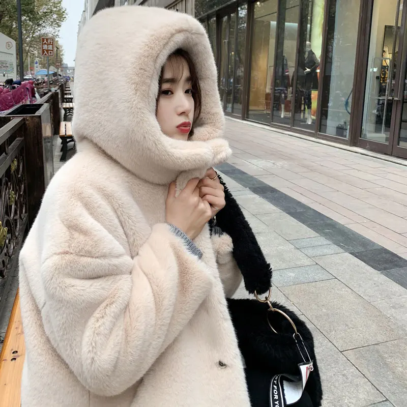 

Autumn Winter Women High Quality Faux Mink Fur Coat Korean Hooded Loose Plus Size Furry Jacket Thick Long Plush Overcoat H745
