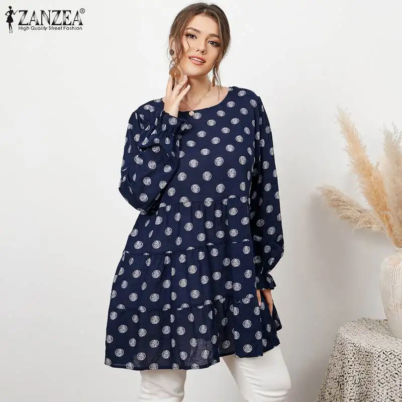

ZANZEA Plus Size Elegant O Neck Blouse Women Autumn Floral Print Blusa Casual Puff Sleeve Baggy Pullover Fashion Ruffle Tops