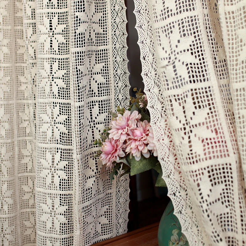 Ретро бежевый хлопок нить крючком кружева отвесная занавеска для гостиной