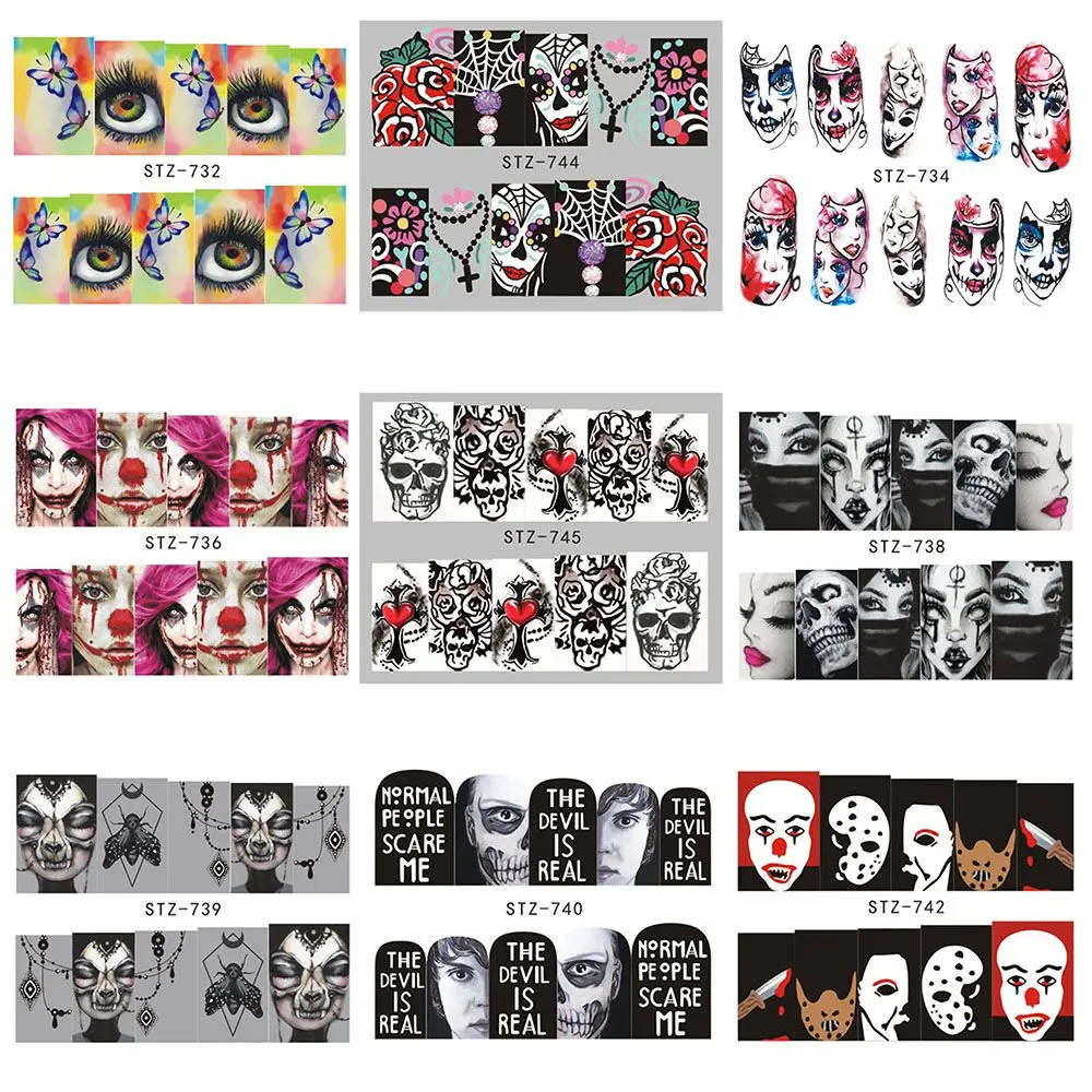 Наклейки для ногтей на Хэллоуин Череп голова призрак зомби ужас Диабло водные
