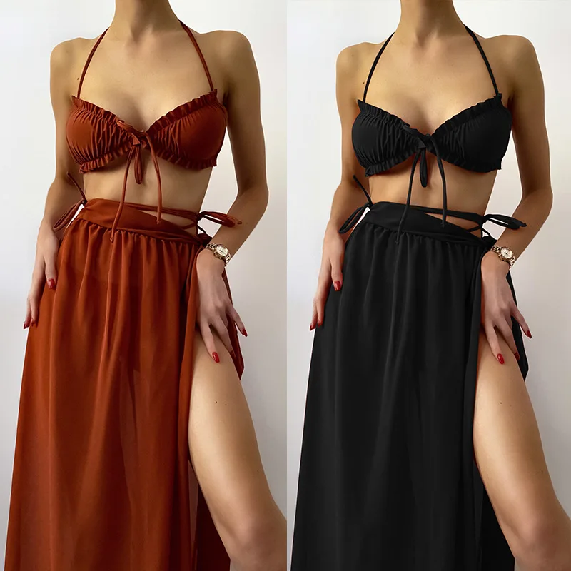 

2021 New Fashion Woman Swimsuit Set Bikini Chiffon Cover Skirt Bandage Sexy Three-piece Swimsuit Wholesale Drop Shipping