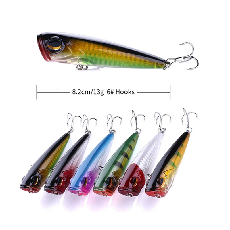 

1PC Fishing Lure Topwater Popper Bait 8.2cm 13g Hard Bait Artificial Wobblers Plastic Fishing Tackle with 6# Hooks 3D Eyes