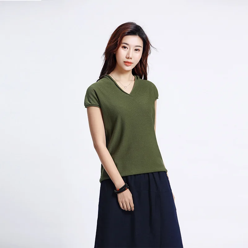 

Women Spring Summer Cotton Knitwear Loose Large-sized short-sleeved Solid Pullover Knitted T-shirts Tees 7-5
