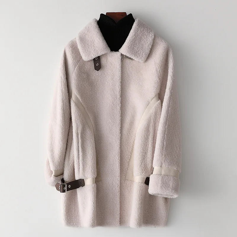 Winter Fashion Real sheep Fur Coats For Women long wool Jacket offwhite Natural Fur collar casual warm overCoat Female luxury