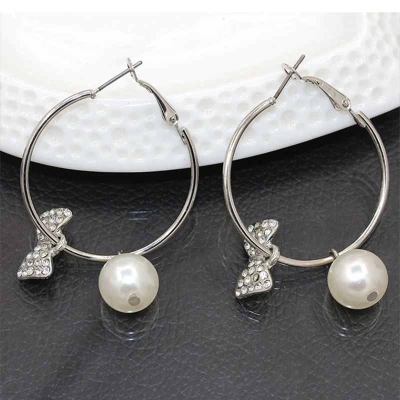 Модные ювелирные изделия полный кристалл бант жемчужные серьги большой круг