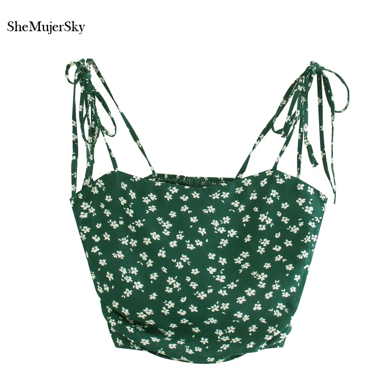 

Женский топ на бретелях SheMujerSky, зеленый топ с цветочным принтом и открытой спиной на лето 2020