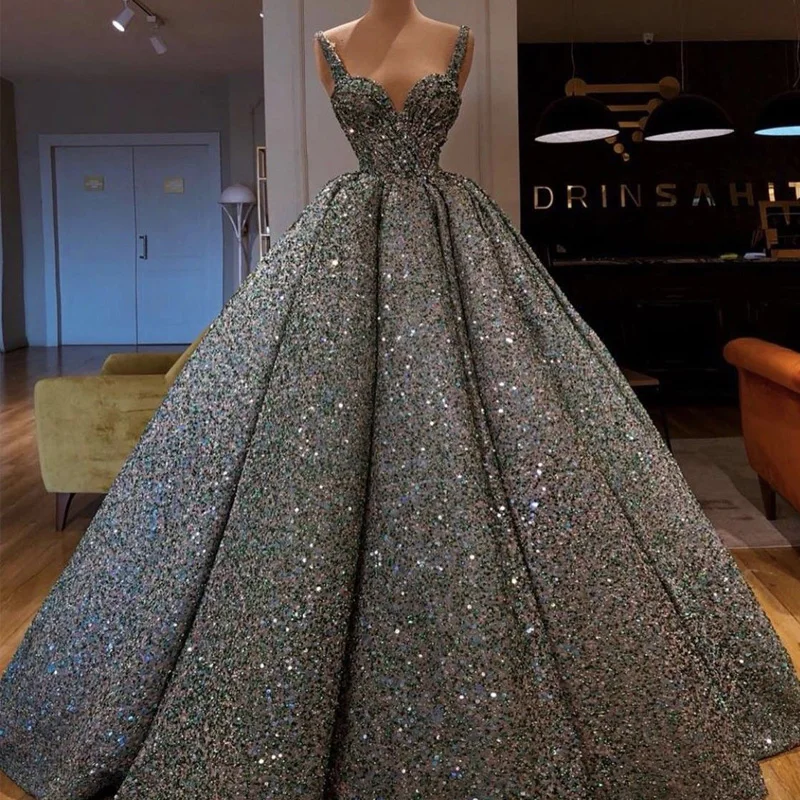 

Glitter Gray Evening Dresses Sexy Spaghetti Ball Gown Party Gowns Bling Bling Prom Sequins Dress vestidos