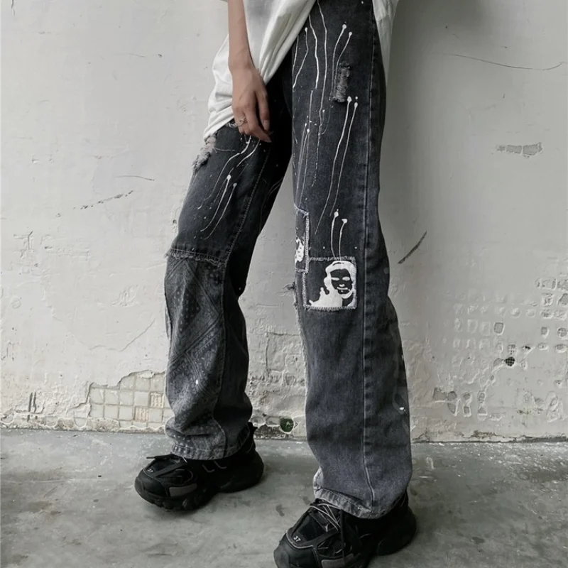 

Harajpoo Women Pants Hip Hop Jeans Summer Korean INS Black Patch Printing Couple High Waist Loose Straight Wide Leg Trousers