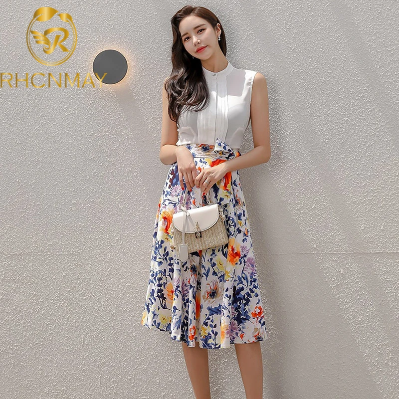 

Women Summer 2 Pieces Suits 2020 New White Sleeveless Shirts Top And Lace-up Print Skirts OL Casual Work Wear Set