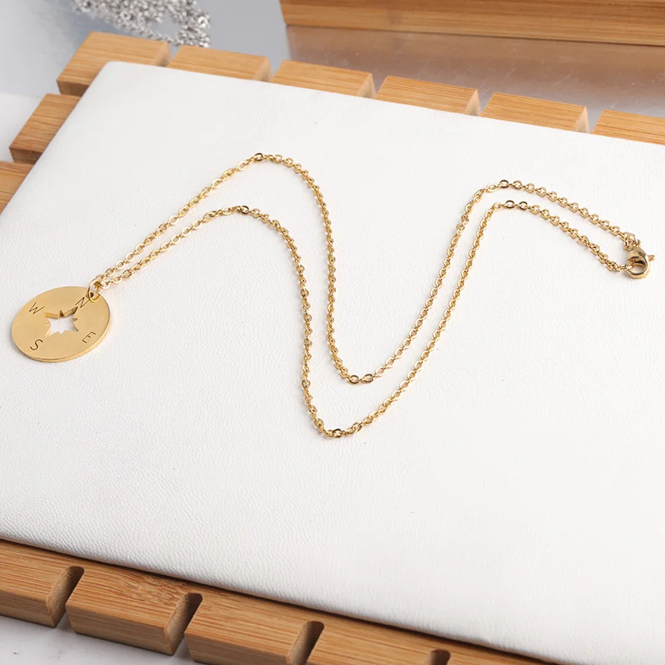 Classic Compass Stainless Steel Necklace for Women Lover's Gold and Silver Color Tiny Round Pendant necklace Jewelry | Украшения и