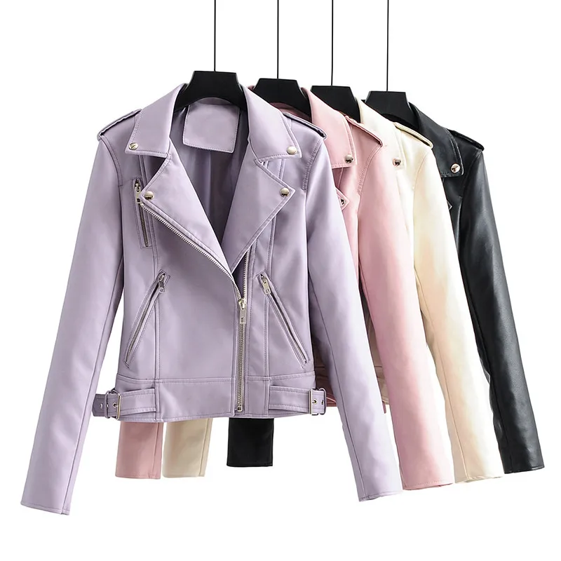 

Women Long Sleeve Jacket Coat Solid Faux Leather Zipper Motorcyle Jackets Turn Down Collar Streetwear Tops Female Fashion