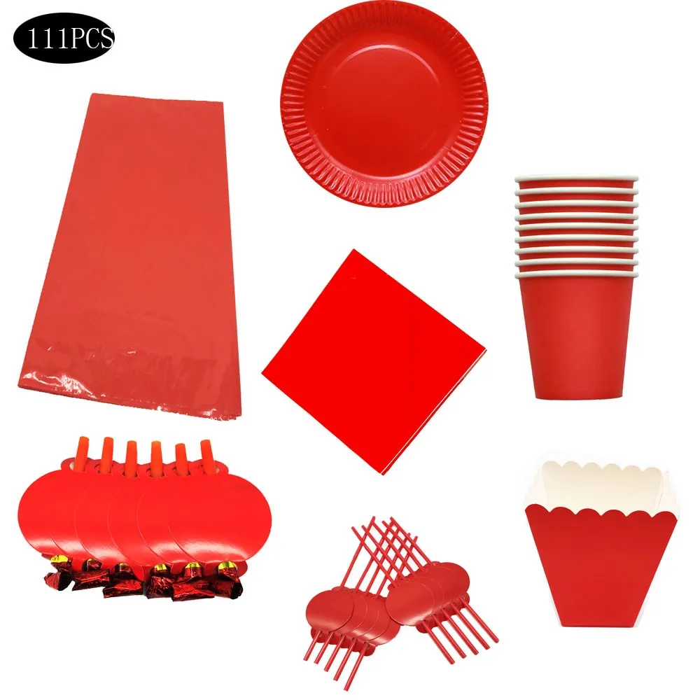 

111Pcs Red Theme Birthday Party Decorations Baby Shower Disposable Tableware Plate Straw Napkin Popcorn Boxes Tablecloth Supply